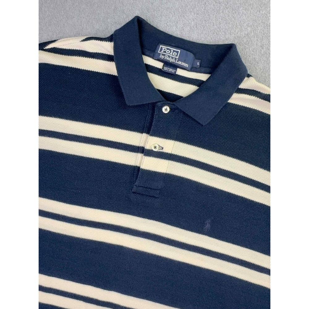 VTG Polo Ralph Lauren Polo Shirt Mens L‎ Striped Rugby Pique Cotton Knit Preppy